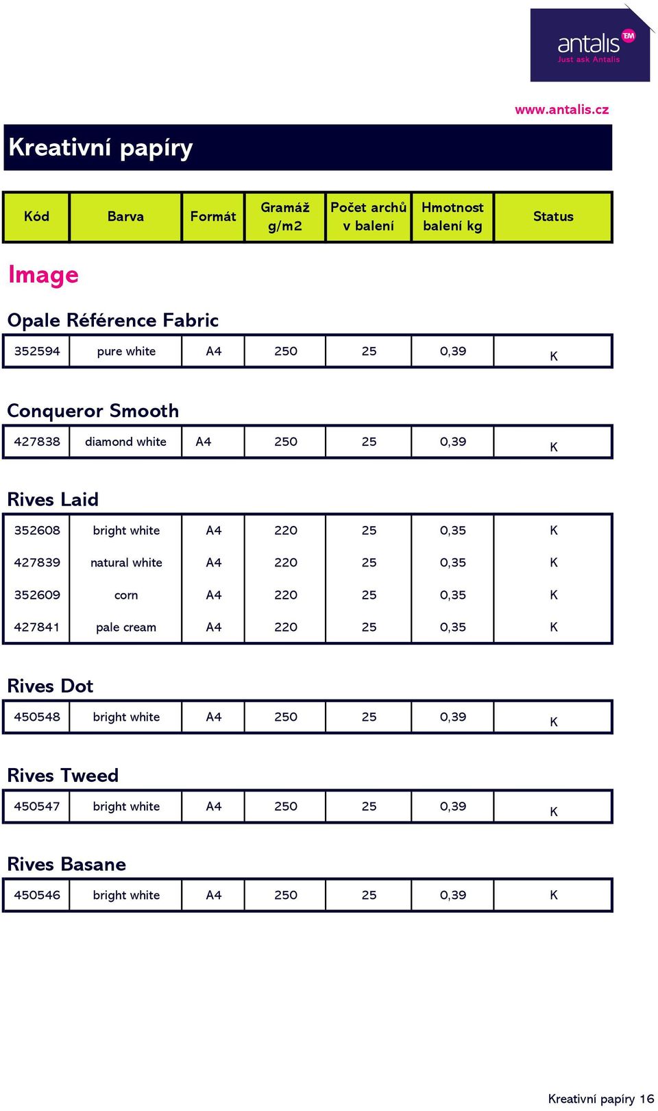 white A4 220 25 0,35 352609 corn A4 220 25 0,35 427841 pale cream A4 220 25 0,35 Rives Dot 450548 bright white A4 250