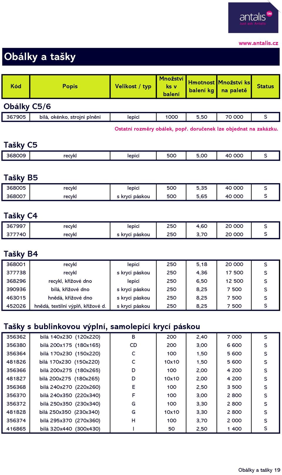 recykl s krycí páskou 250 3,70 20 000 S Tašky B4 368001 recykl lepící 250 5,18 20 000 S 377738 recykl s krycí páskou 250 4,36 17 500 S 368296 recykl, křížové dno lepící 250 6,50 12 500 S 390936 bílá,