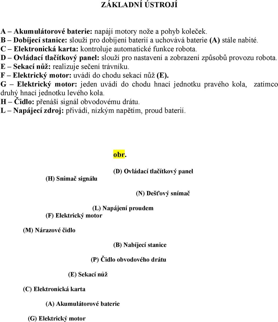 F Elektrický motor: uvádí do chodu sekací nůž (E). G Elektrický motor: jeden uvádí do chodu hnací jednotku pravého kola, zatímco druhý hnací jednotku levého kola.