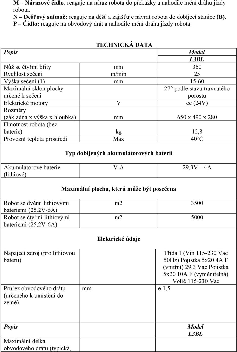 TECHNICKÁ DATA Popis Model L3BL Nůž se čtyřmi břity mm 360 Rychlost sečení m/min 25 Výška sečení (1) mm 15-60 Maximální sklon plochy určené k sečení 27 podle stavu travnatého porostu Elektrické