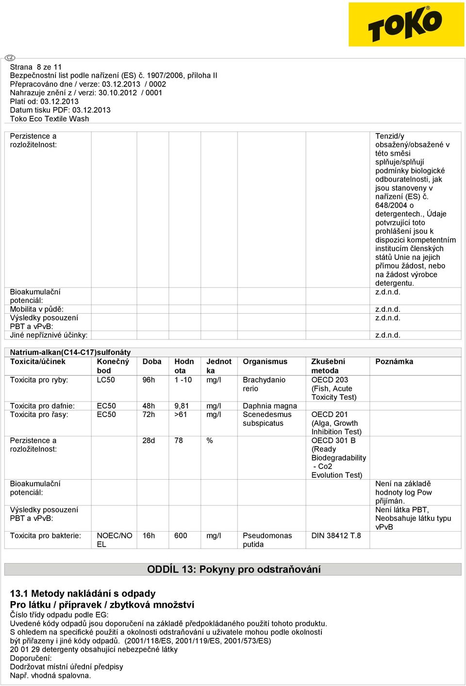 subspicatus Perzistence a rozložitelnost: Bioakumulační potenciál: Výsledky posouzení PBT a vpvb: Toxicita pro bakterie: NOEC/NO EL Zkušební metoda OECD 203 (Fish, Acute Toxicity Test) OECD 201