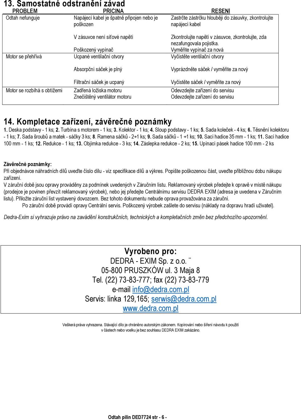 ventilátor motoru Zkontrolujte napětí v zásuvce, zkontrolujte, zda nezafungovala pojistka.