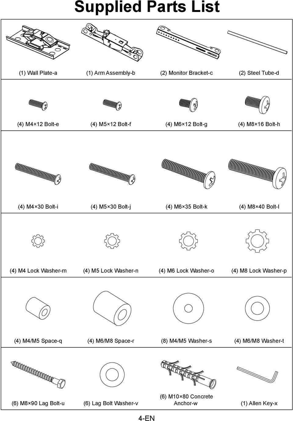 Lock Washer-m (4) M5 Lock Washer-n (4) M6 Lock Washer-o (4) M8 Lock Washer-p (4) M4/M5 Space-q (4) M6/M8 Space-r (8)