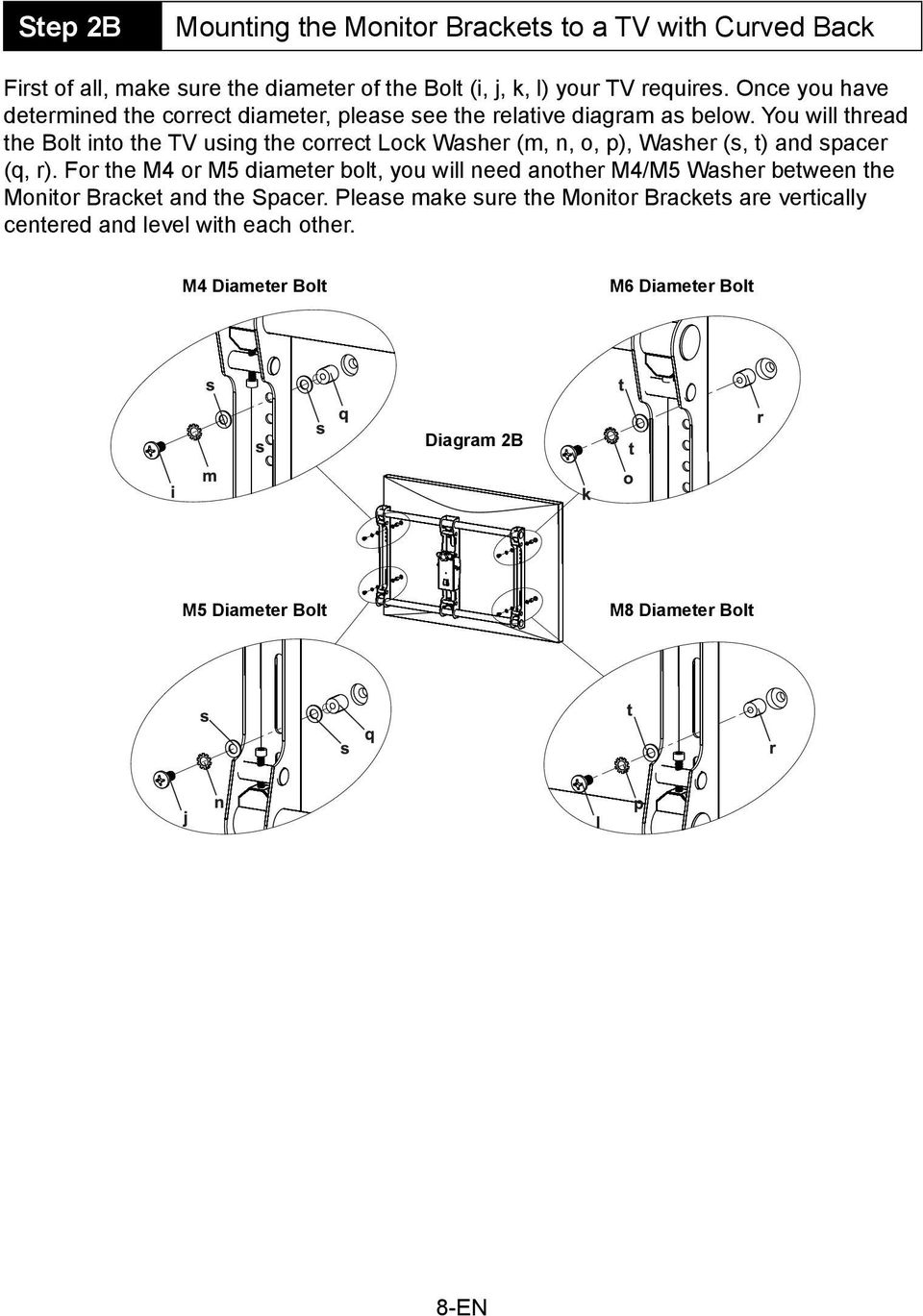 You will thread the Bolt into the TV using the correct Lock Washer (m, n, o, p), Washer (s, t) and spacer (q, r).