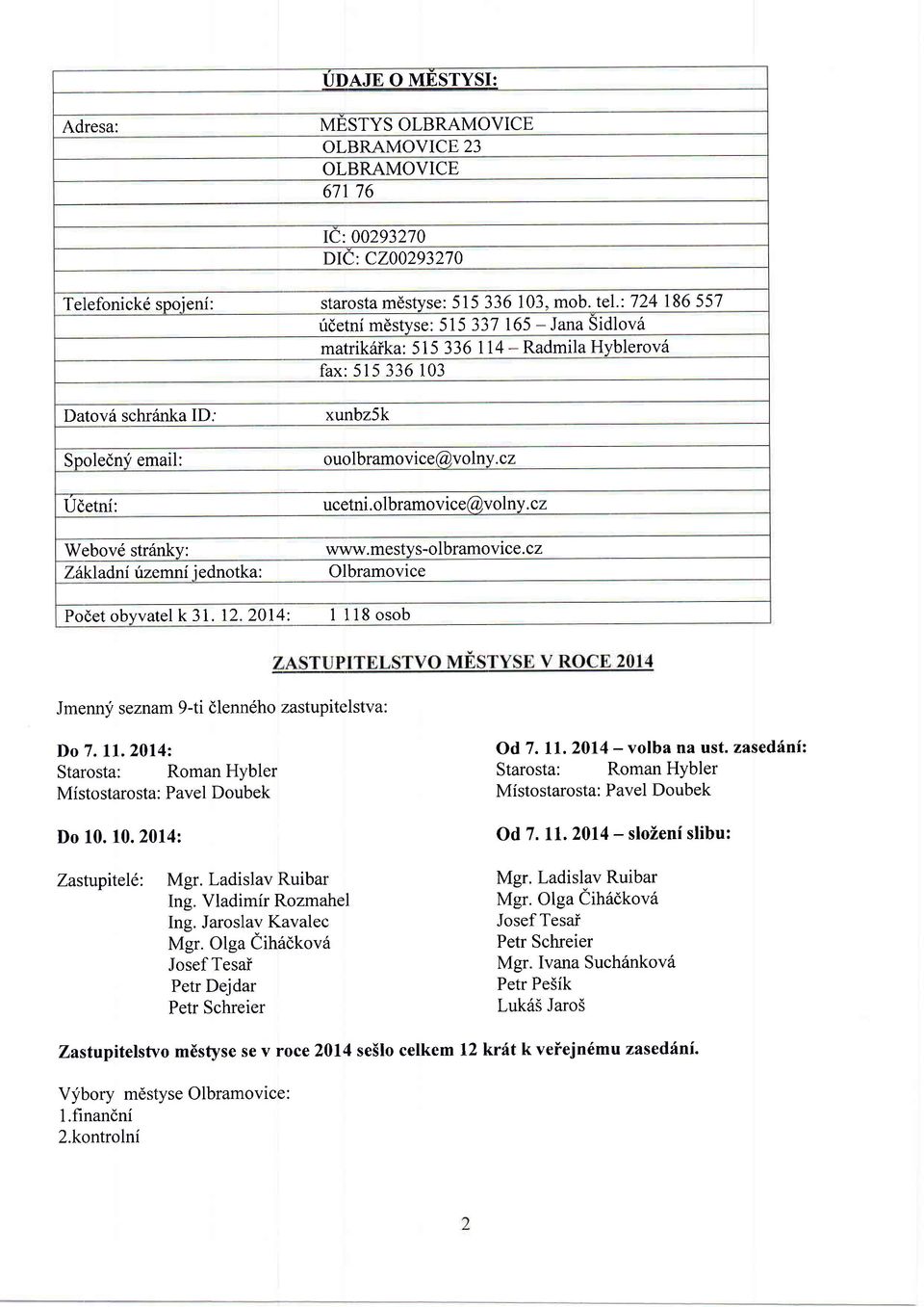 ednotka : Podet obyvatel k3l 12.2014: xunbz5k ouolbramo v rce@v olny.cz ucetni. olbramovice@volnv. cz www. me sty s-o I bram o v ice.