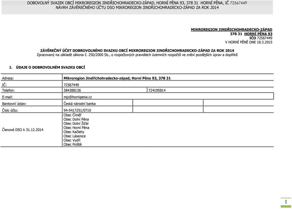 ÚDAJE O DOBROVOLNÉM SVAZKU OBCÍ Adresa: Mikroregion Jindřichohradecko-západ, Horní Pěna 93, 378 31 IČ: 72567449 Telefon: 384388136 724195814 E-mail: mjz@hornipena.
