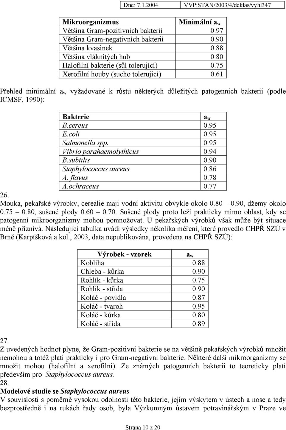 0.95 Vibrio parahaemolythicus 0.94 B.subtilis 0.90 Staphylococcus aureus 0.86 A. flavus 0.78 A.ochraceus 0.77 26. Mouka, pekařské výrobky, cereálie mají vodní aktivitu obvykle oko lo 0.80 0.