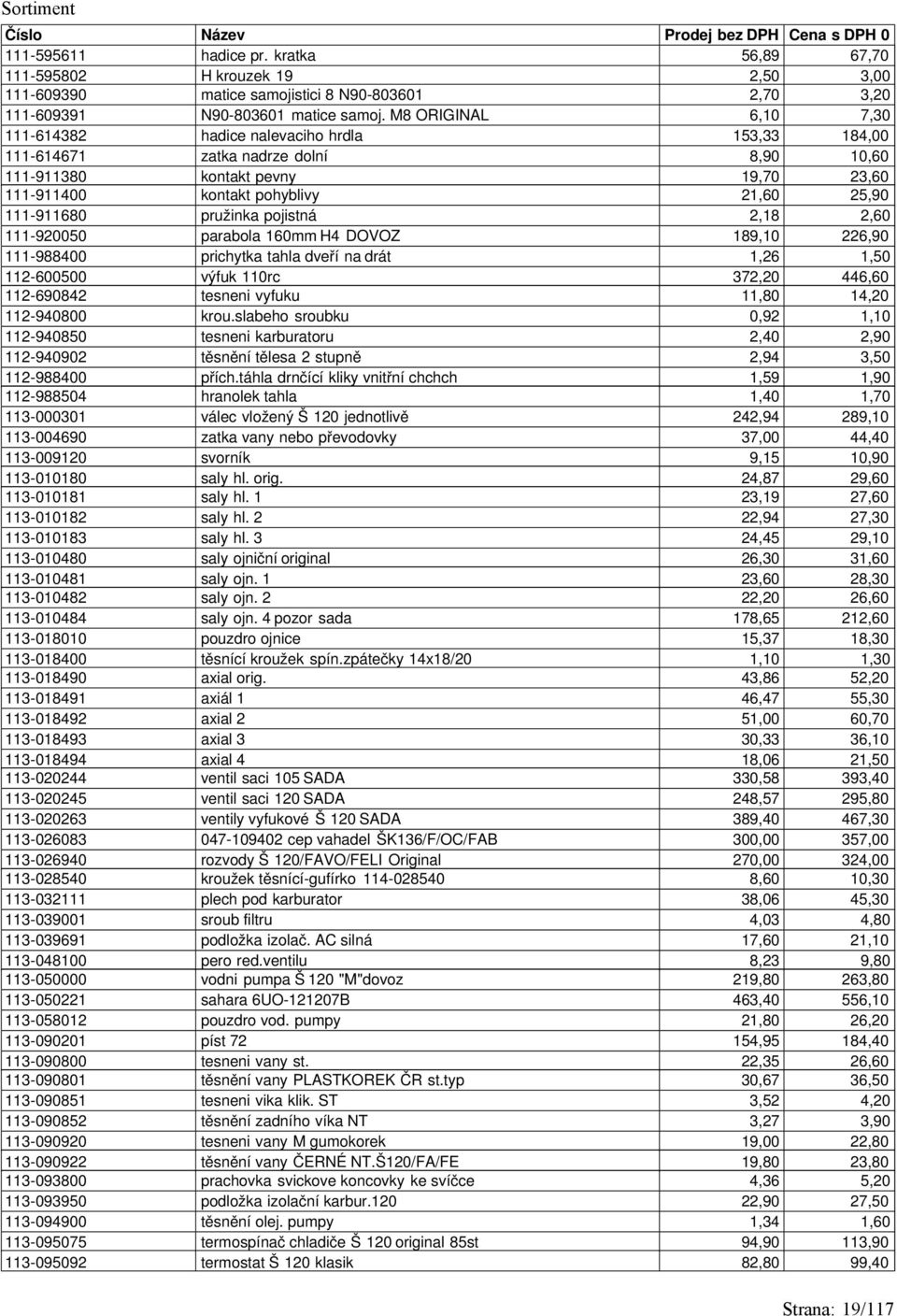 111-911680 pružinka pojistná 2,18 2,60 111-920050 parabola 160mm H4 DOVOZ 189,10 226,90 111-988400 prichytka tahla dveří na drát 1,26 1,50 112-600500 výfuk 110rc 372,20 446,60 112-690842 tesneni