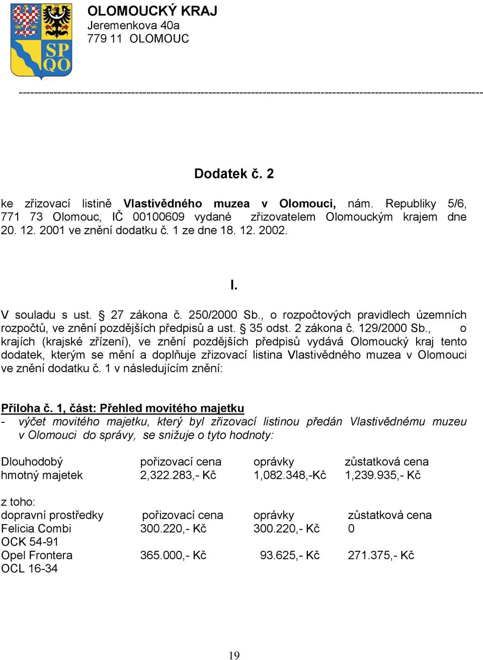 I. V souladu s ust. 27 zákona č. 250/2000 Sb., o rozpočtových pravidlech územních rozpočtů, ve znění pozdějších předpisů a ust. 35 odst. 2 zákona č. 129/2000 Sb.