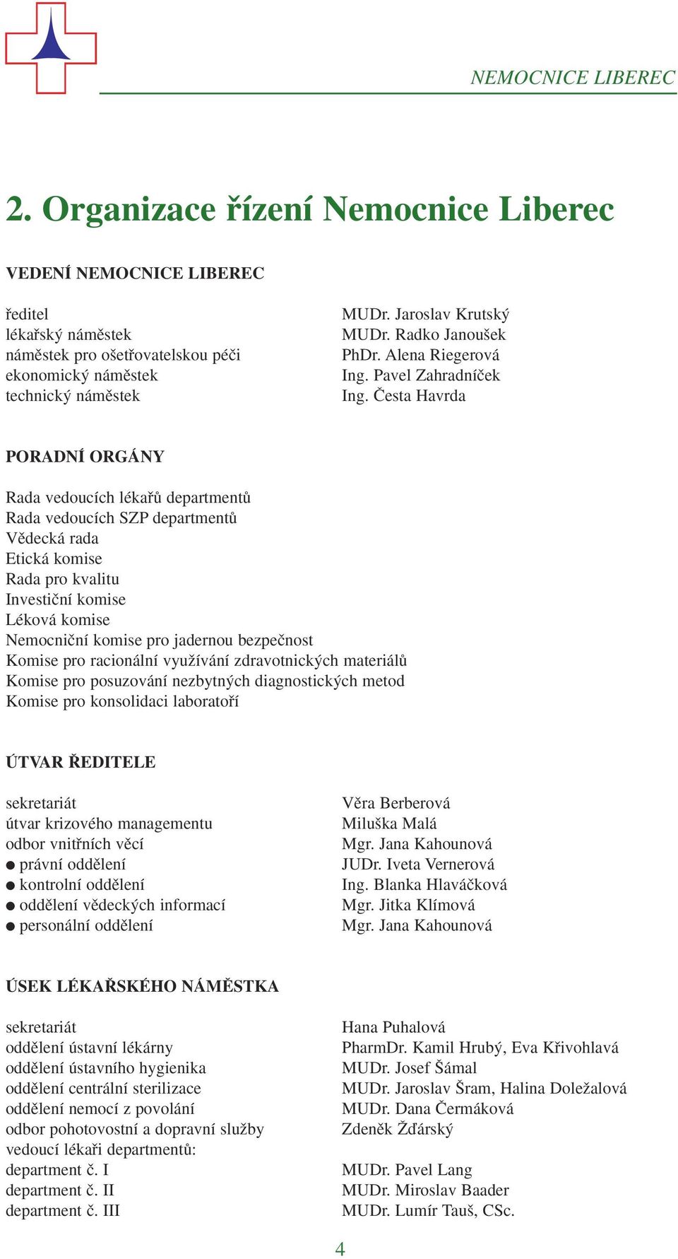 âesta Havrda PORADNÍ ORGÁNY Rada vedoucích lékafiû departmentû Rada vedoucích SZP departmentû Vûdecká rada Etická komise Rada pro kvalitu Investiãní komise Léková komise Nemocniãní komise pro