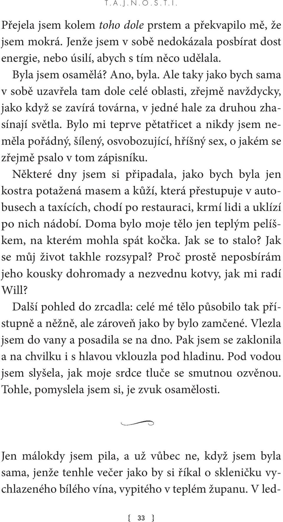 Bylo mi teprve pětatřicet a nikdy jsem neměla pořádný, šílený, osvobozující, hříšný sex, o jakém se zřejmě psalo v tom zápisníku.