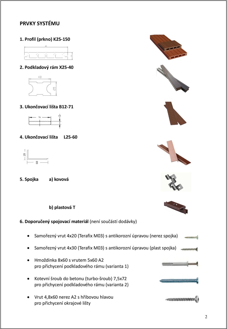 Doporučený spojovací materiál (není součástí dodávky) Samořezný vrut 4x20 (Terafix M03) s antikorozní úpravou (nerez spojka) Samořezný vrut 4x30