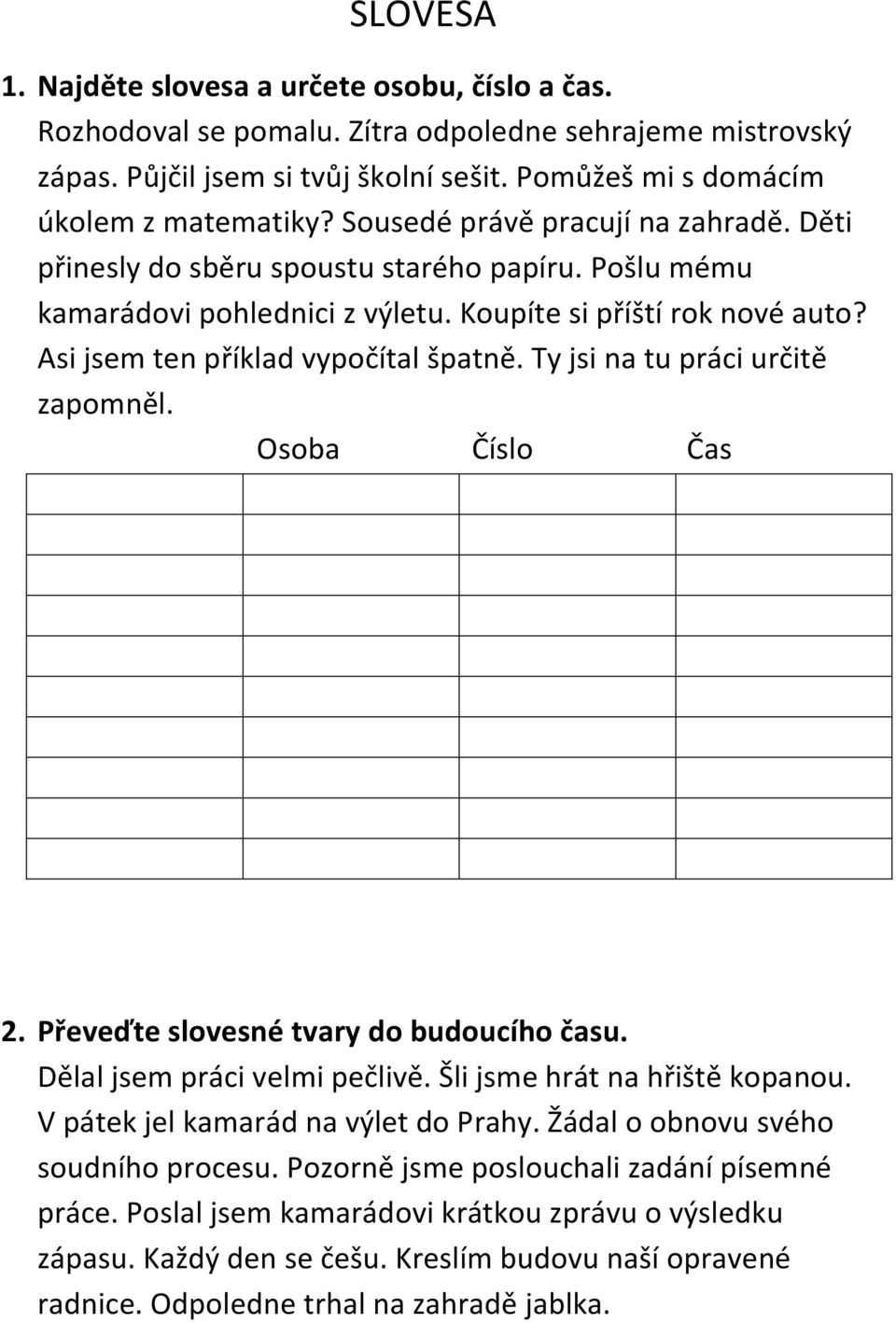 Ty jsi na tu práci určitě zapomněl. Osoba Číslo Čas 2. Převeďte slovesné tvary do budoucího času. Dělal jsem práci velmi pečlivě. Šli jsme hrát na hřiště kopanou.