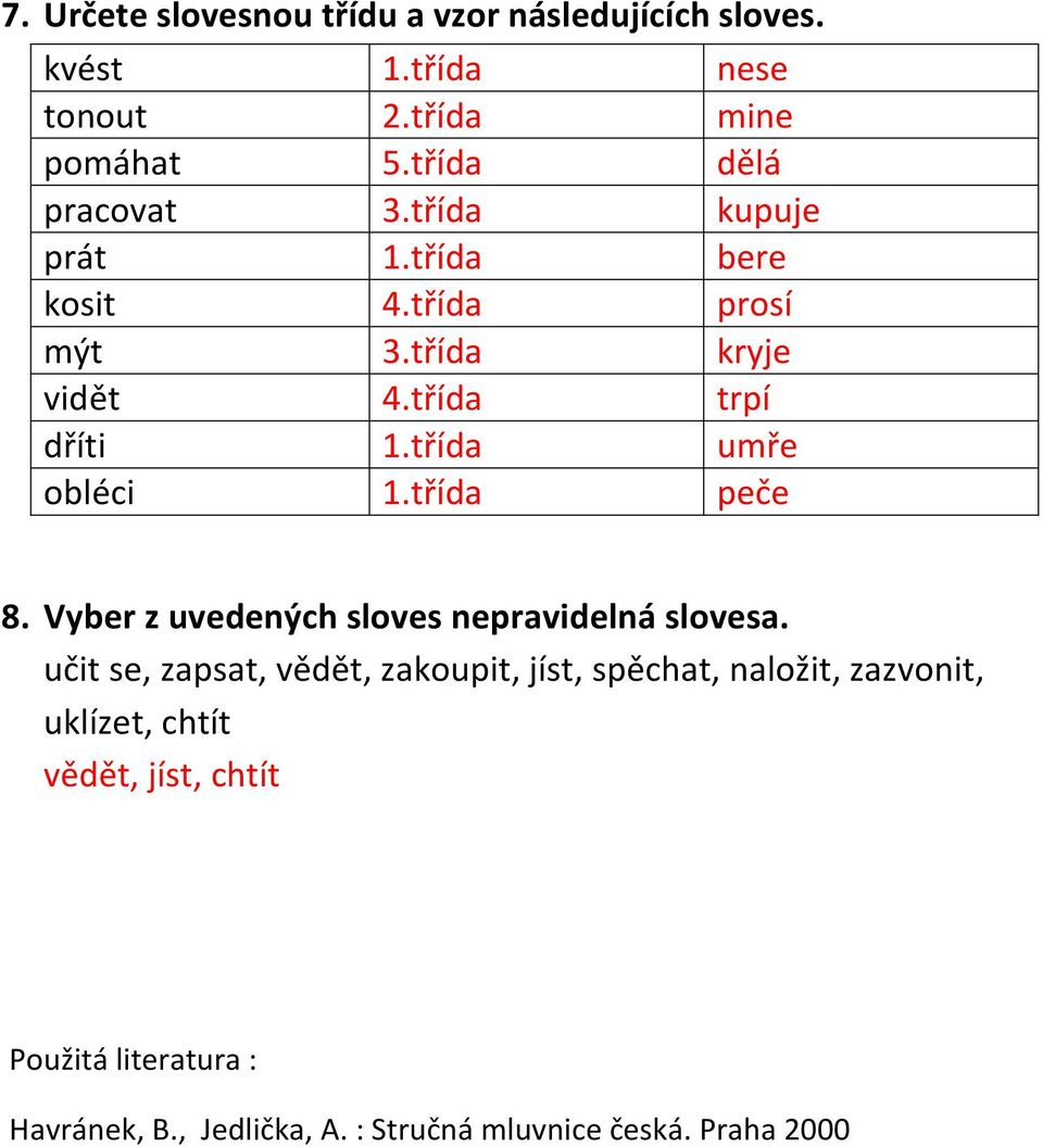 třída umře obléci 1.třída peče 8. Vyber z uvedených sloves nepravidelná slovesa.