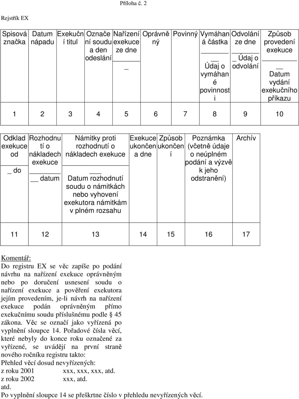 o odvolání Způsob provedení exekuce Datum vydání exekučního příkazu 1 2 3 4 5 6 7 8 9 10 Odklad exekuce od do Rozhodnu tí o nákladech exekuce datum Námitky proti rozhodnutí o nákladech exekuce Datum