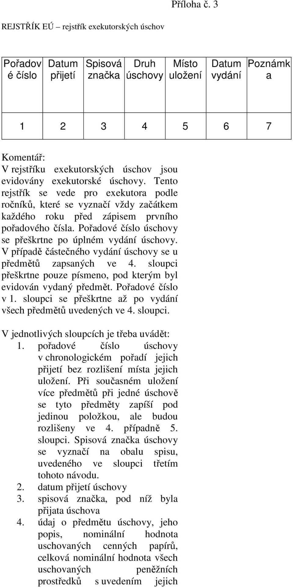 jsou evidovány exekutorské úschovy. Tento rejstřík se vede pro exekutora podle ročníků, které se vyznačí vždy začátkem každého roku před zápisem prvního pořadového čísla.