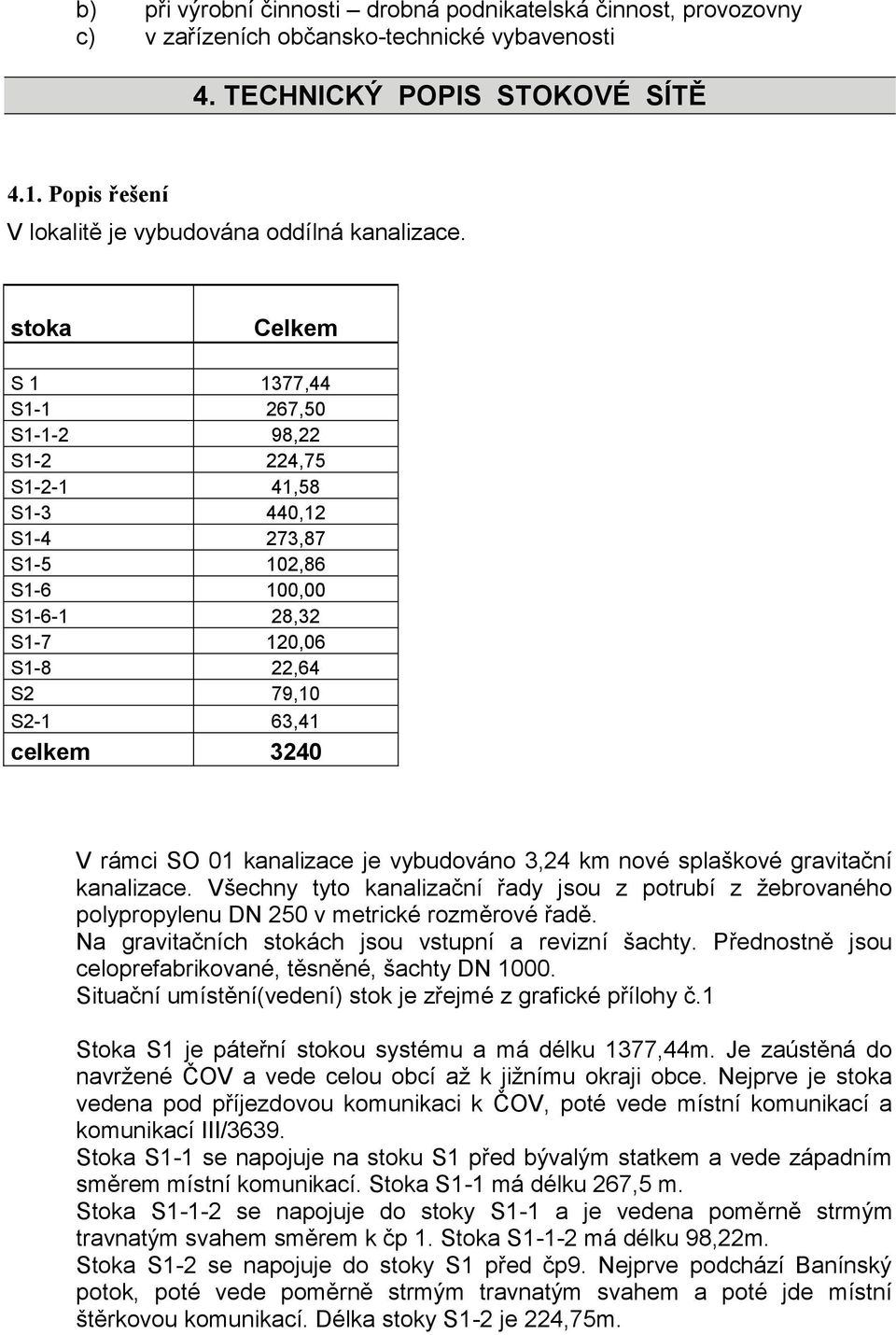 stoka Celkem S 1 1377,44 S1-1 267,50 S1-1-2 98,22 S1-2 224,75 S1-2-1 41,58 S1-3 440,12 S1-4 273,87 S1-5 102,86 S1-6 100,00 S1-6-1 28,32 S1-7 120,06 S1-8 22,64 S2 79,10 S2-1 63,41 celkem 3240 V rámci