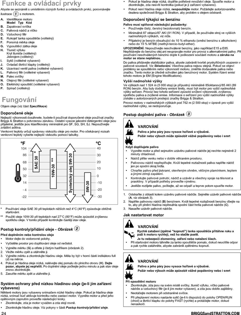 Sytiè (volitelné vybavení) J. Ovladaè škrtící klapky (volitelný) K. Uzavírací ventil paliva (volitelné vybavení) L. Palivový filtr (volitelné vybavení) M. Palec svíèky N.