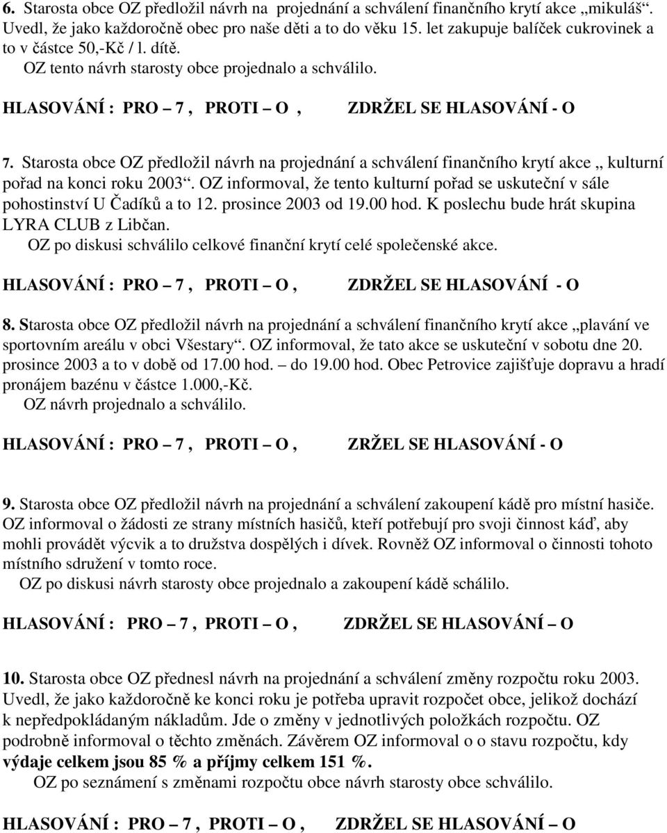 Starosta obce OZ předložil návrh na projednání a schválení finančního krytí akce kulturní pořad na konci roku 2003.