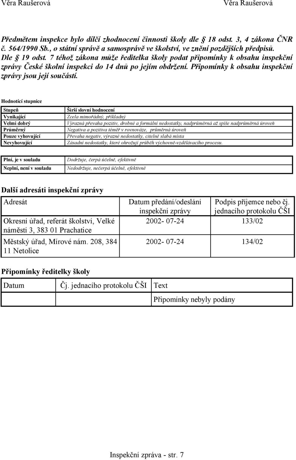 7 téhož zákona může ředitelka školy podat připomínky k obsahu inspekční zprávy České školní inspekci do 14 dnů po jejím obdržení. Připomínky k obsahu inspekční zprávy jsou její součástí.