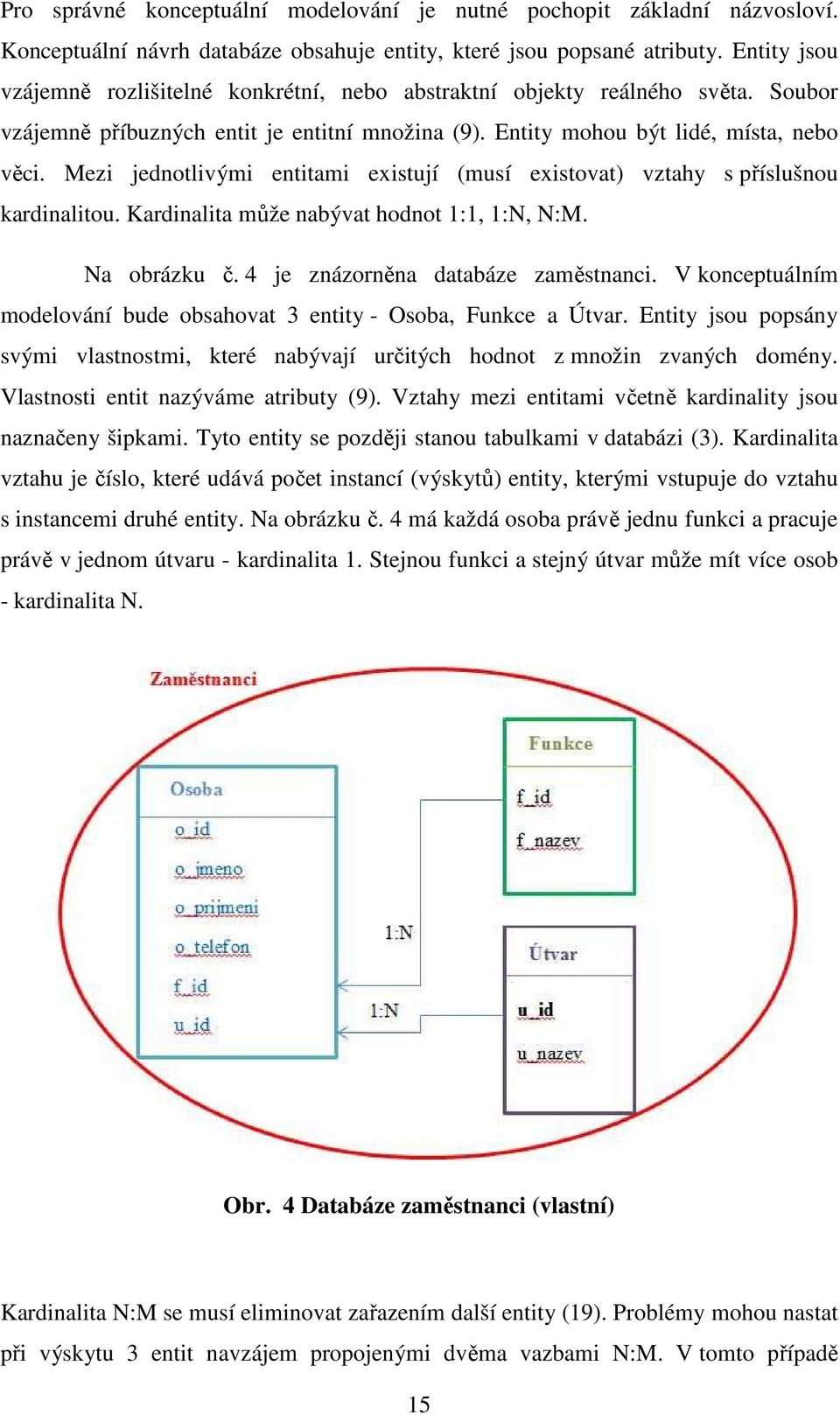 Mezi jednotlivými entitami existují (musí existovat) vztahy s příslušnou kardinalitou. Kardinalita může nabývat hodnot 1:1, 1:N, N:M. Na obrázku č. 4 je znázorněna databáze zaměstnanci.