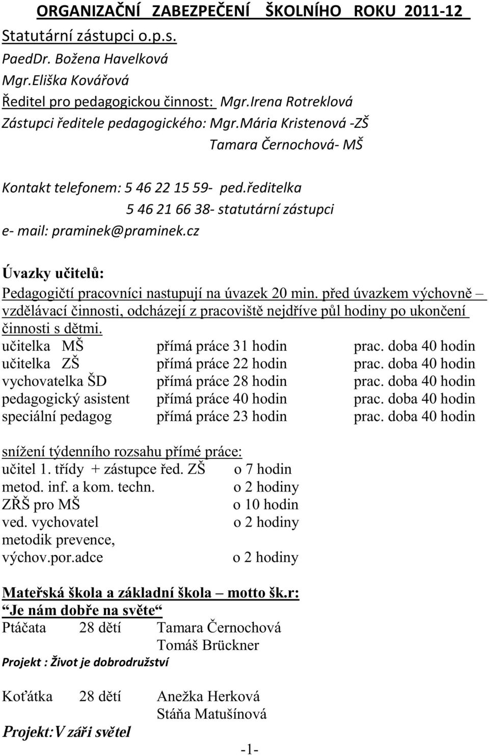 doba 40 hodin pedagogický asistent p ímá práce 40 hodin prac. doba 40 hodin speciální pedagog p ímá práce 23 hodin prac. doba 40 hodin snížení týdenního rozsahu p ímé práce: u itel 1.