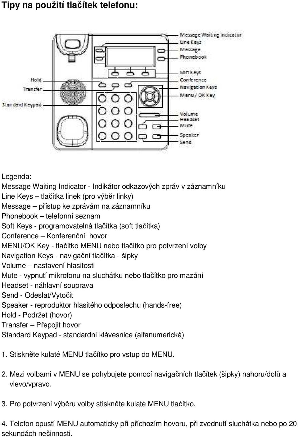 tlačítka - šipky Volume nastavení hlasitosti Mute - vypnutí mikrofonu na sluchátku nebo tlačítko pro mazání Headset - náhlavní souprava Send - Odeslat/Vytočit Speaker - reproduktor hlasitého