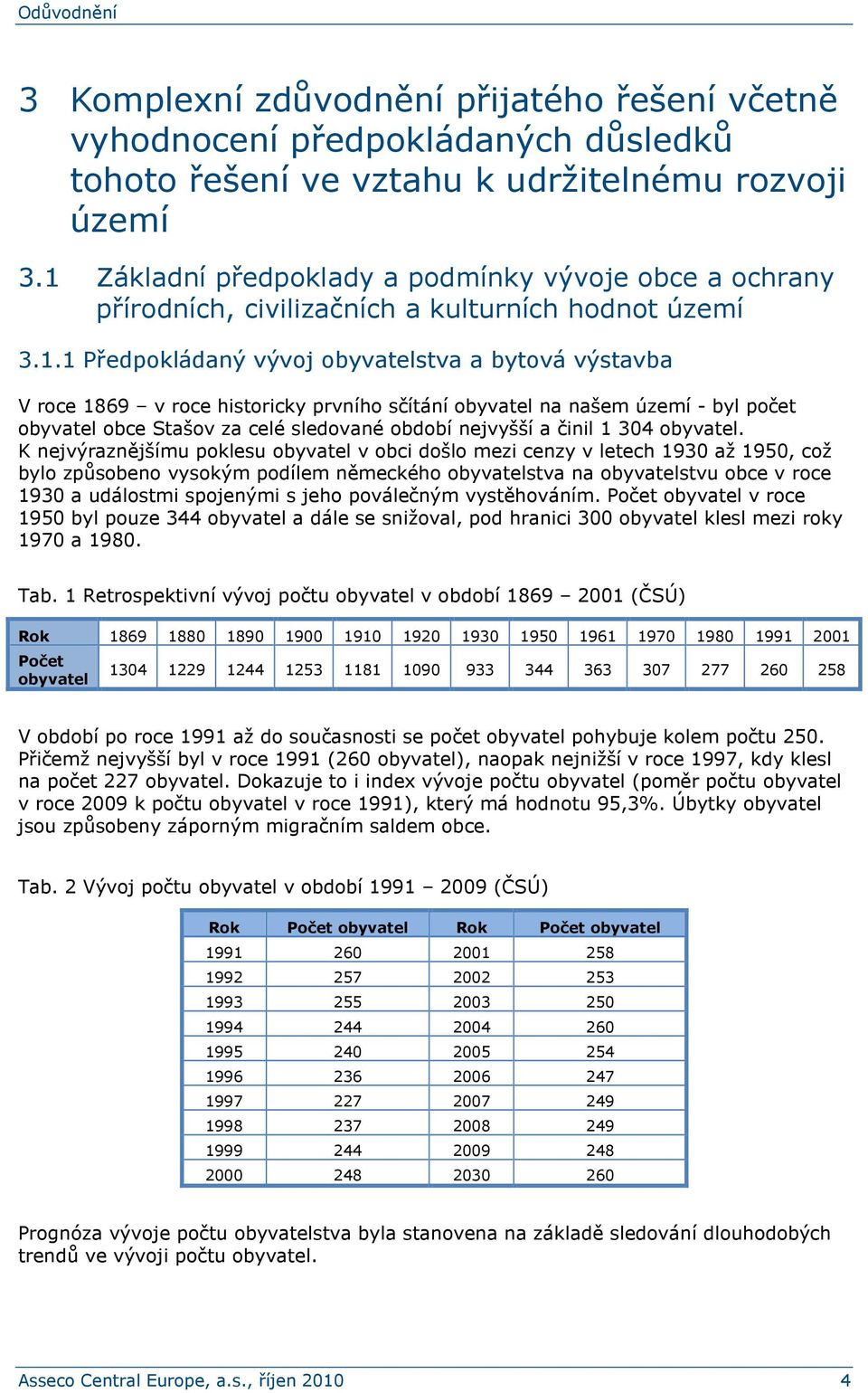 prvního sčítání obyvatel na našem území - byl obyvatel obce Stašov za celé sledované období nejvyšší a činil 1 304 obyvatel.