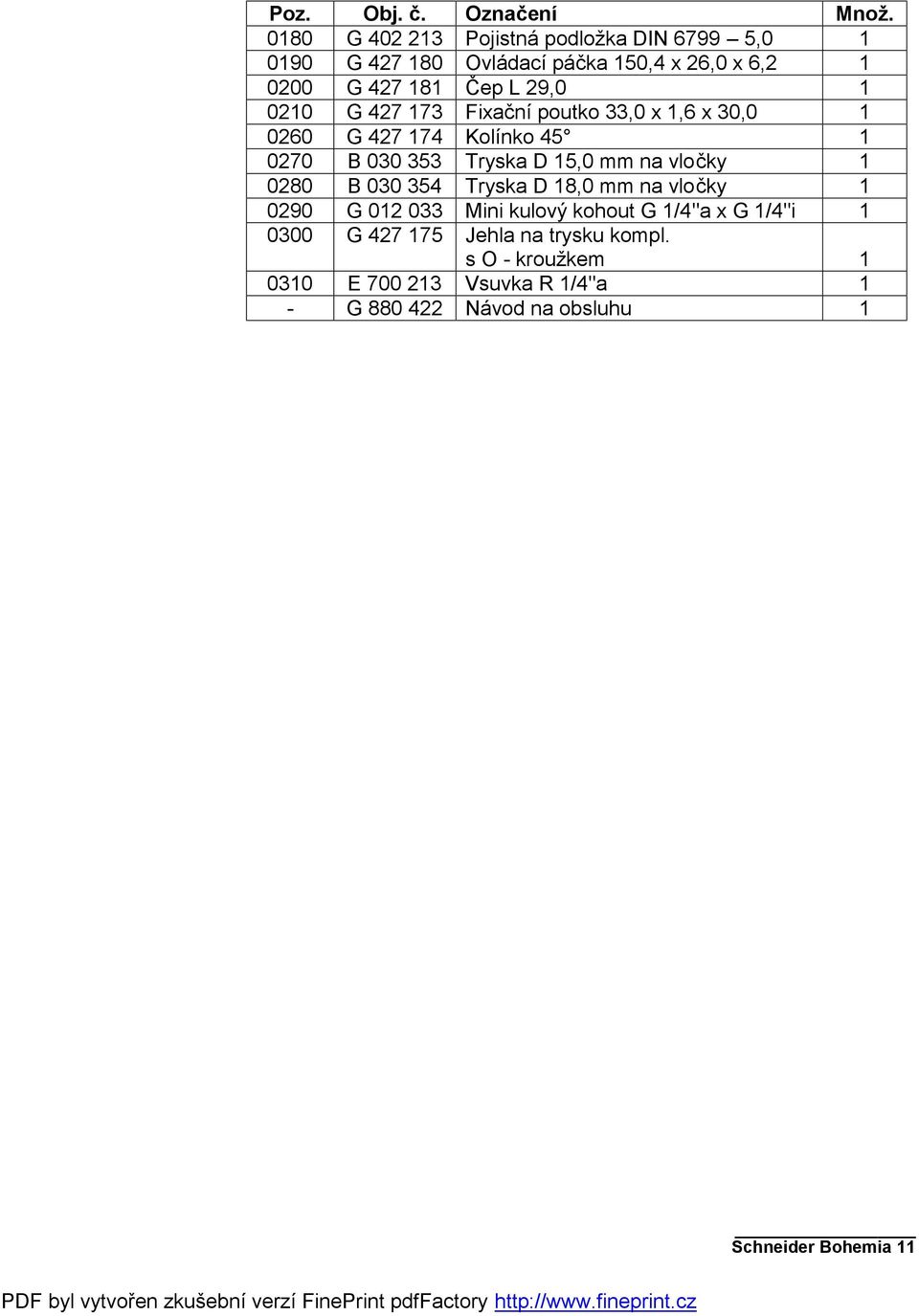 0210 G 427 173 Fixační poutko 33,0 x 1,6 x 30,0 1 0260 G 427 174 Kolínko 45 1 0270 B 030 353 Tryska D 15,0 mm na vločky 1 0280 B