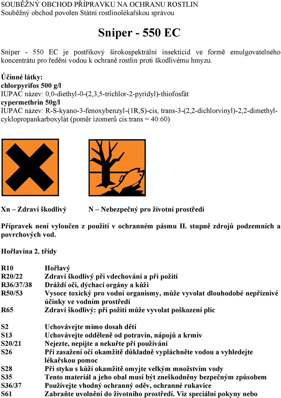 Účinné látky: chlorpyrifos 500 g/l IUPAC název: 0,0-diethyl-0-(2,3,5-trichlor-2-pyridyl)-thiofosfát cypermethrin 50g/l IUPAC název: R-S-kyano-3-fenoxybenzyl-(1R,S)-cis,