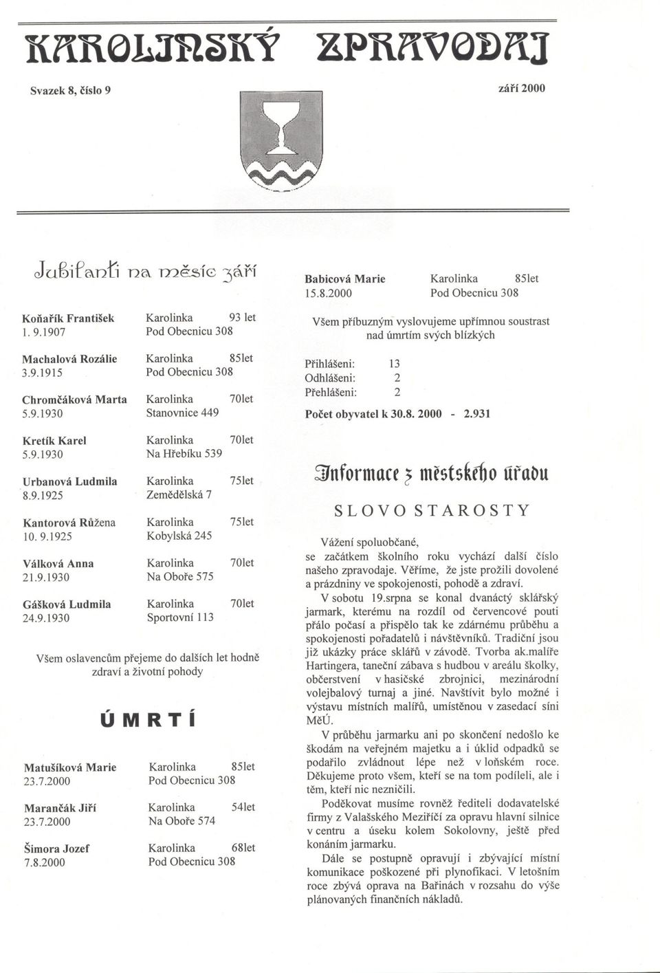 obyvatel k 30.8. 2000-2.931 Kretík Karel 5.9.1930 Karolinka Na Hrebíku 539 70let Urbanová Ludmila Karolinka 75let 8.9.1925 Zemedelská 7 Kantorová Ružena Karolinka 75let 10.9.1925 Kobylská 245 Válková Anna Karolinka 70let 21.