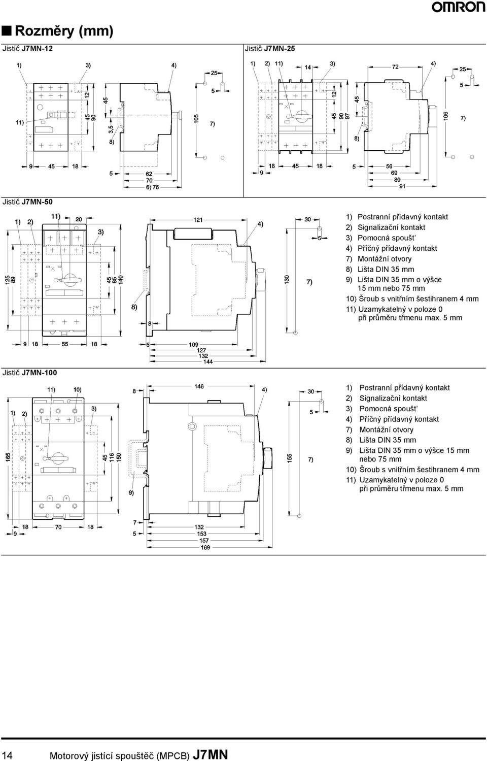 max. 5 mm Jistič J7MN-100 1) Postranní přídavný kontakt 2) Signalizační kontakt 3) Pomocná spoušt 4) Příčný přídavný kontakt 7)  max.