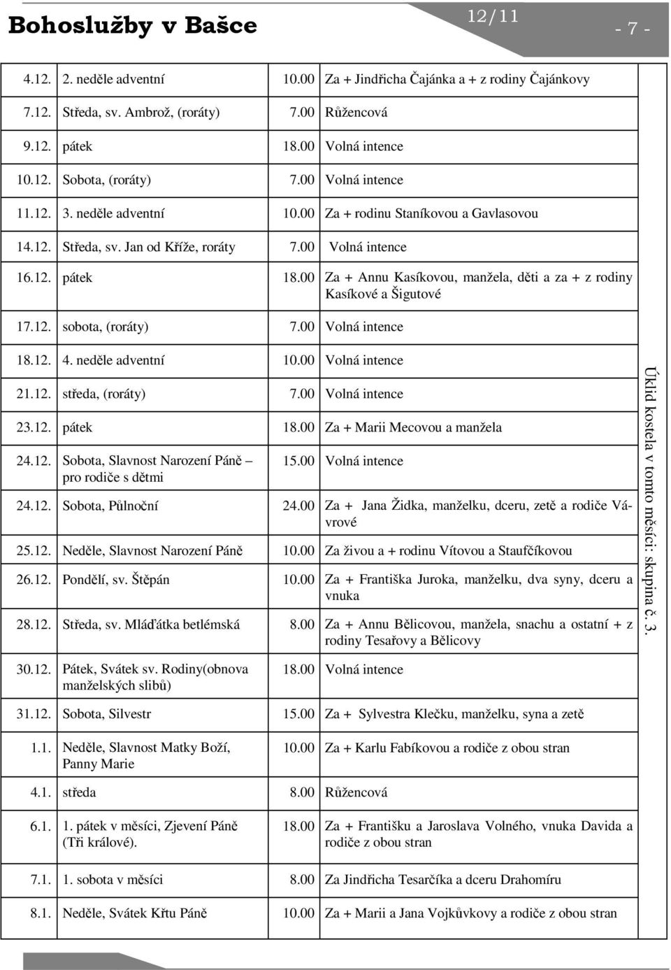 00 Za + Annu Kasíkovou, manžela, děti a za + z rodiny Kasíkové a Šigutové 17.12. sobota, (roráty) 7.00 Volná intence 18.12. 4. neděle adventní 10.00 Volná intence 21.12. středa, (roráty) 7.