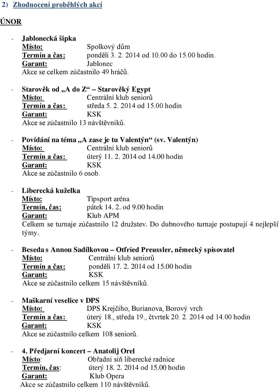 2. 2014 od 14.00 hodin Akce se zúčastnilo 6 osob. - Liberecká kuželka Tipsport aréna Termín, čas: pátek 14. 2. od 9.00 hodin Klub APM Celkem se turnaje zúčastnilo 12 družstev.