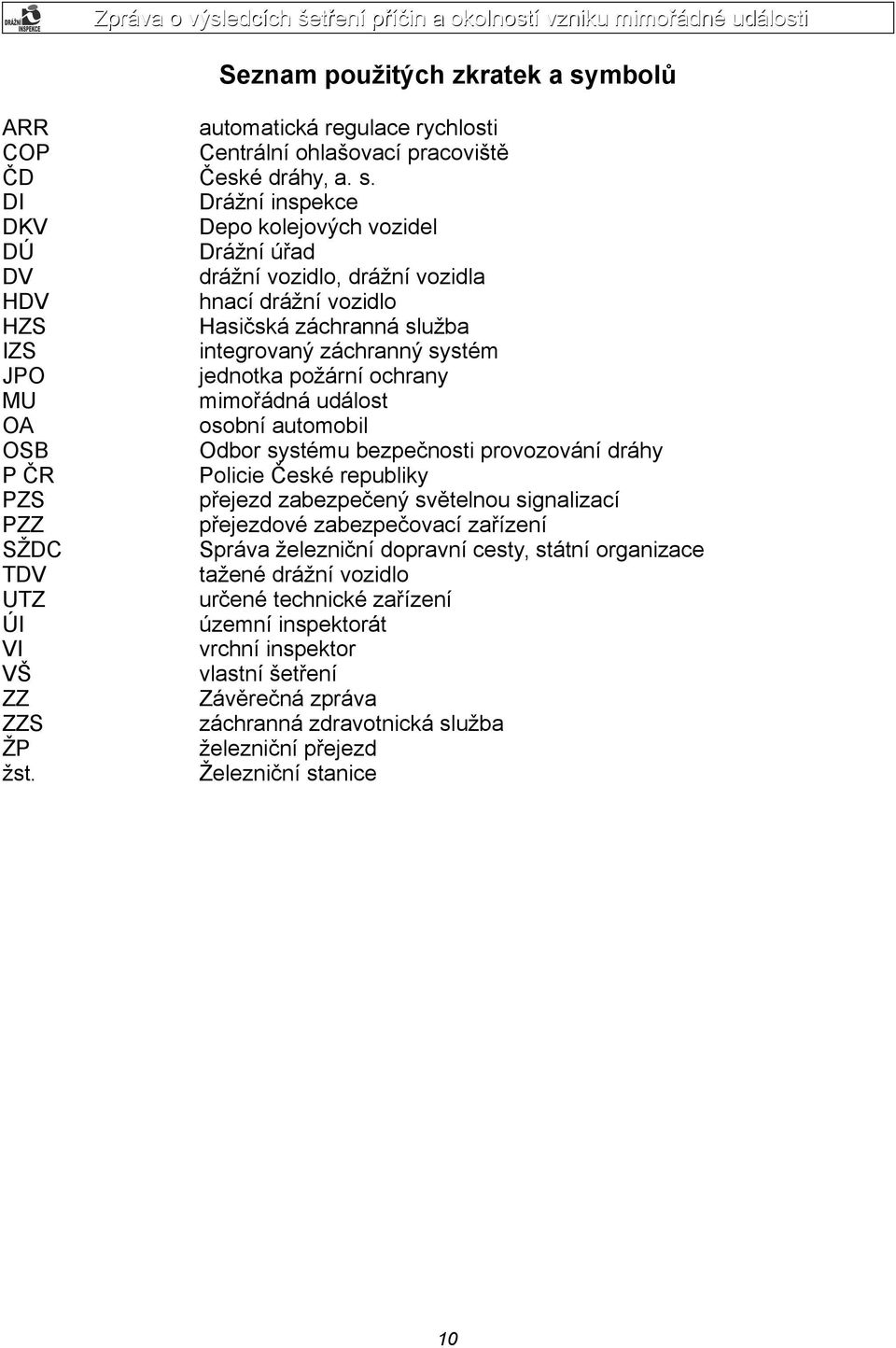 DI Drážní inspekce DKV Depo kolejových vozidel DÚ Drážní úřad DV drážní vozidlo, drážní vozidla HDV hnací drážní vozidlo HZS Hasičská záchranná služba IZS integrovaný záchranný systém JPO jednotka