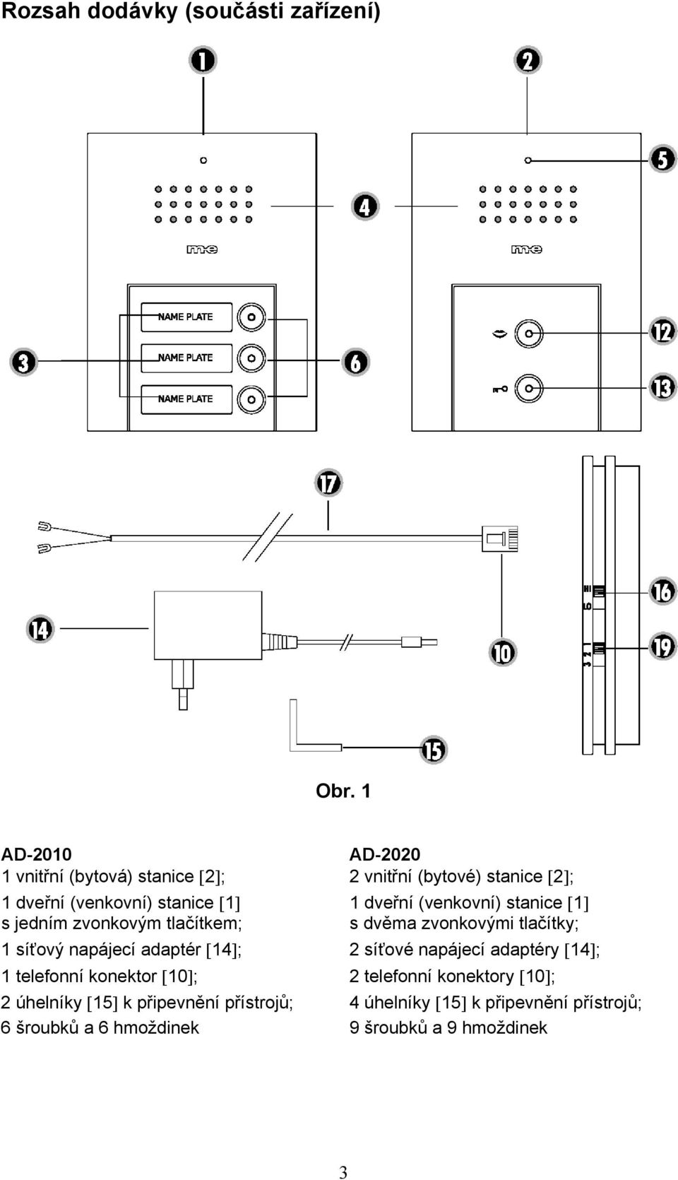 adaptér [14]; 1 telefonní konektor [10]; 2 úhelníky [15] k připevnění přístrojů; 6 šroubků a 6 hmoždinek AD-2020 2 vnitřní