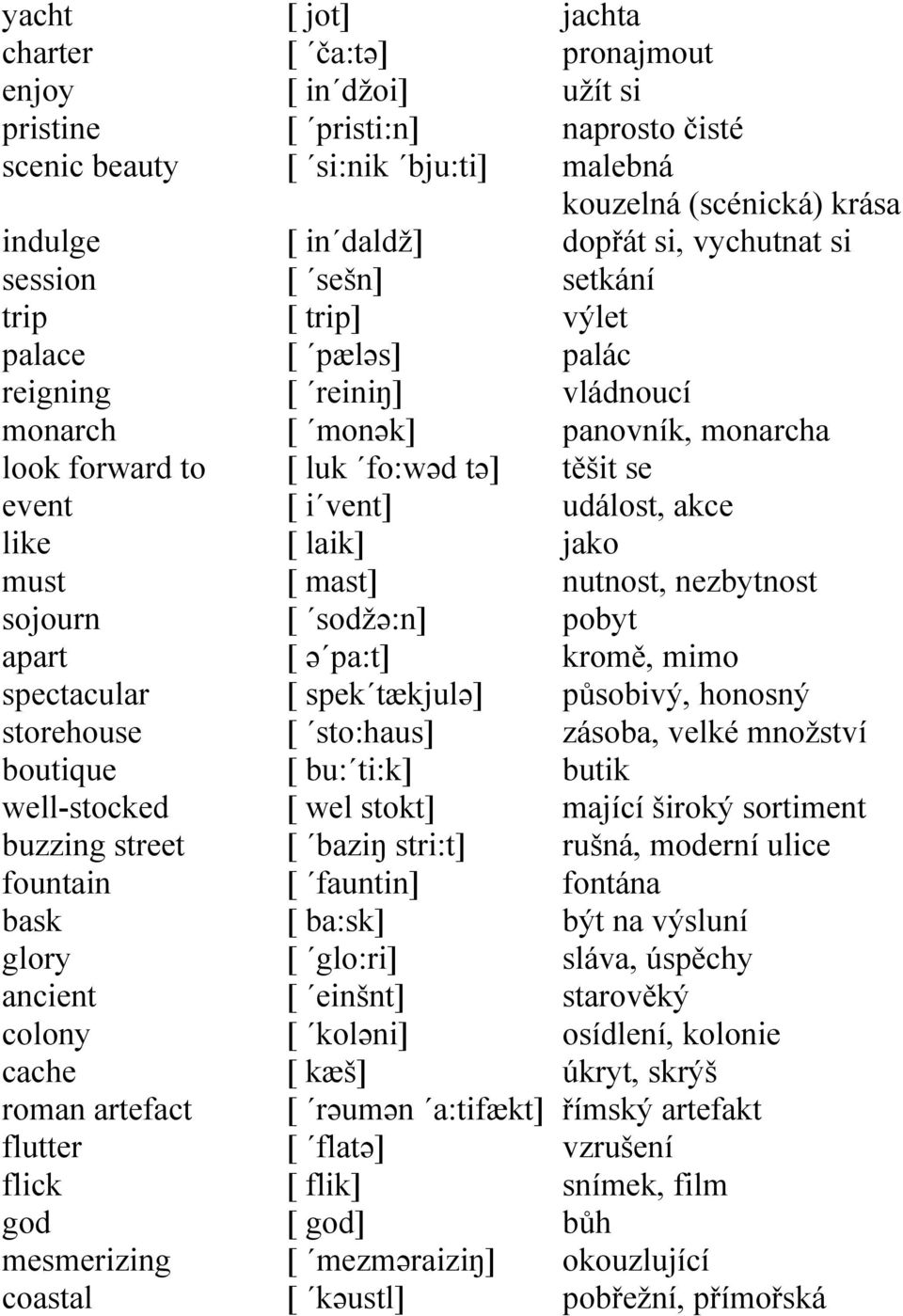 monək] [ luk fo:wəd tə] [ i vent] [ laik] [ mast] [ sodžə:n] [ ə pa:t] [ spek tækjulə] [ sto:haus] [ bu: ti:k] [ wel stokt] [ baziŋ stri:t] [ fauntin] [ ba:sk] [ glo:ri] [ einšnt] [ koləni] [ kæš] [