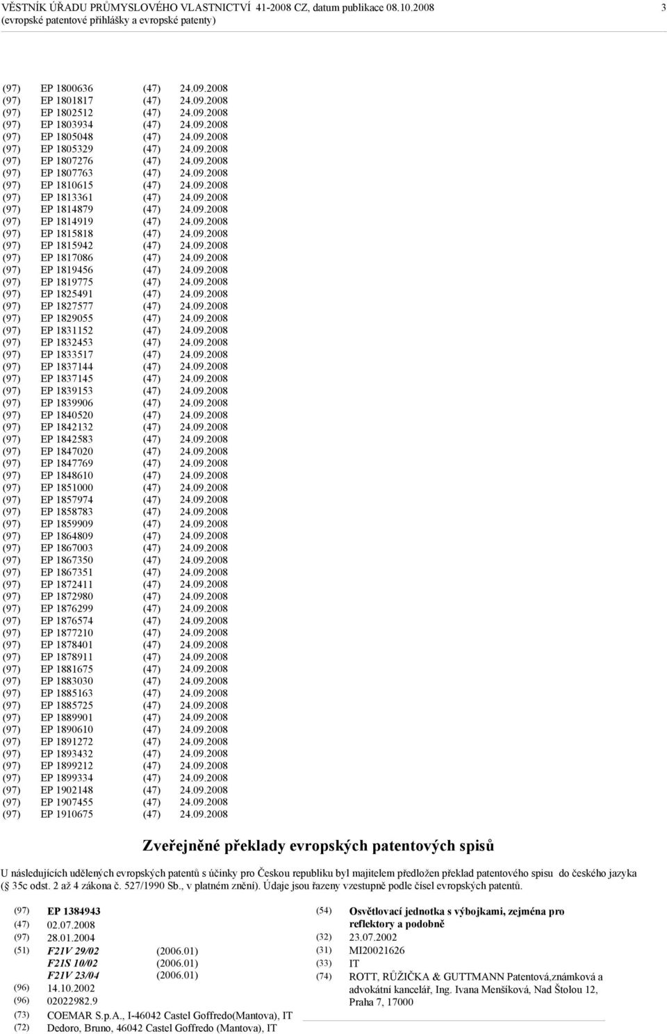 1847769 EP 1848610 EP 1851000 EP 1857974 EP 1858783 EP 1859909 EP 1864809 EP 1867003 EP 1867350 EP 1867351 EP 1872411 EP 1872980 EP 1876299 EP 1876574 EP 1877210 EP 1878401 EP 1878911 EP 1881675 EP