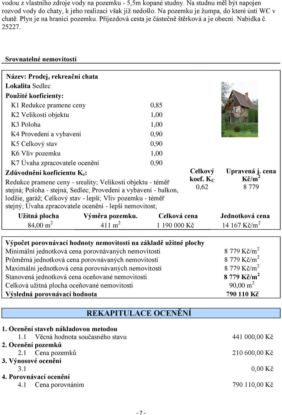 Srovnatelné nemovitosti Název: Prodej, rekreační chata Lokalita Sedlec Použité koeficienty: K1 Redukce pramene ceny 0,85 K2 Velikosti objektu 1,00 K3 Poloha 1,00 K4 Provedení a vybavení 0,90 K5