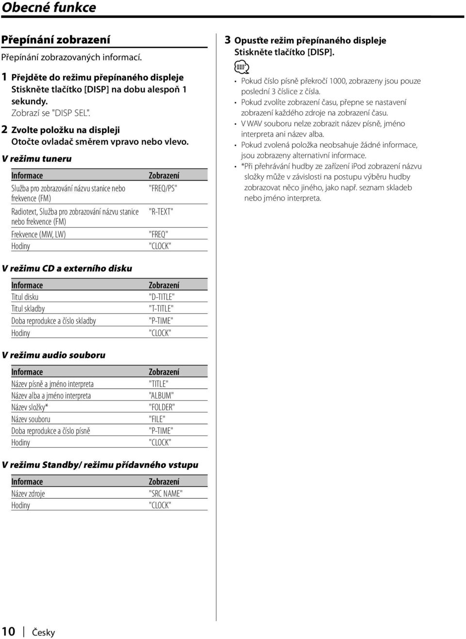 V režimu tuneru Informace Služba pro zobrazování názvu stanice nebo frekvence (FM) Radiotext, Služba pro zobrazování názvu stanice nebo frekvence (FM) Frekvence (MW, LW) Hodiny "FREQ/PS" "R-TEXT"