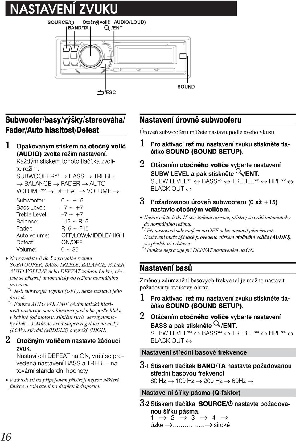 R15 ~ F15 Auto volume: OFF/LOW/MIDDLE/HIGH Defeat: ON/OFF Volume: 0 ~ 35 Neprovedete-li do 5 s po volbě režimu SUBWOOFER, BASS, TREBLE, BALANCE, FADER, AUTO VOLUME nebo DEFEAT žádnou funkci, přepne