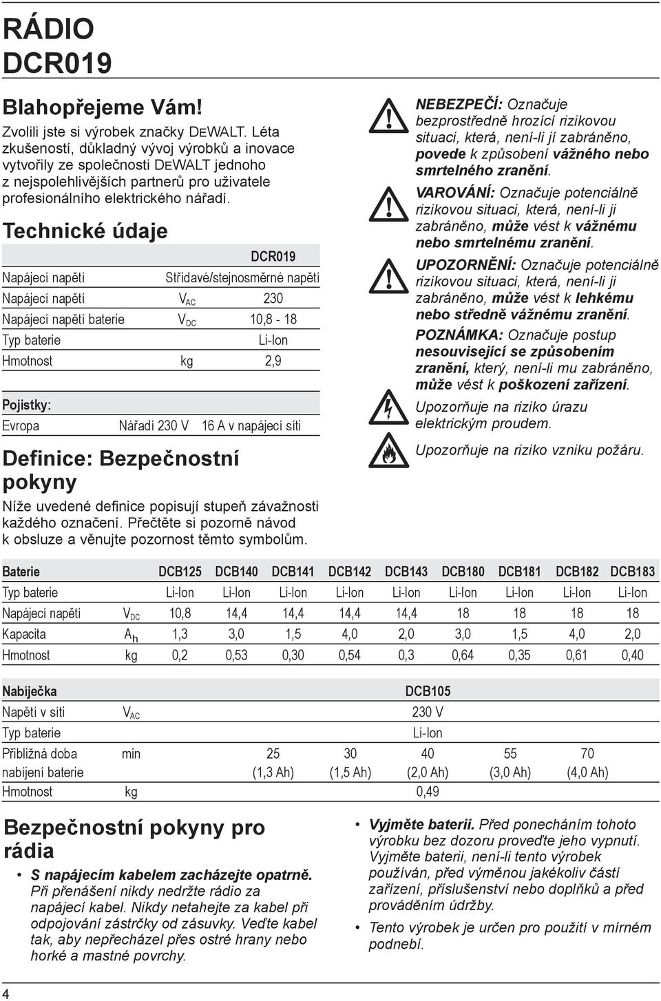 Technické údaje DCR019 Napájecí napětí Střídavé/stejnosměrné napětí Napájecí napětí V AC 230 Napájecí napětí baterie V DC 10,8-18 Typ baterie Li-Ion Hmotnost kg 2,9 Pojistky: Evropa Nářadí 230 V 16 A