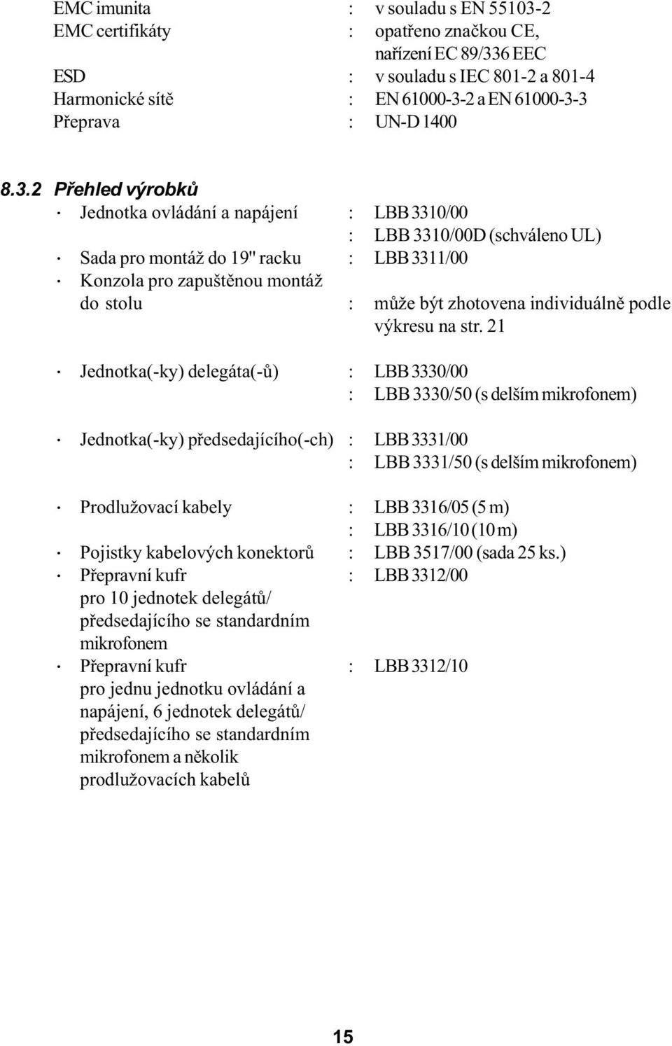 2 Pøehled výrobkù Jednotka ovládání a napájení : LBB 3310/00 : LBB 3310/00D (schváleno UL) Sada pro montáž do 19'' racku : LBB 3311/00 Konzola pro zapuštìnou montáž do stolu : mùže být zhotovena