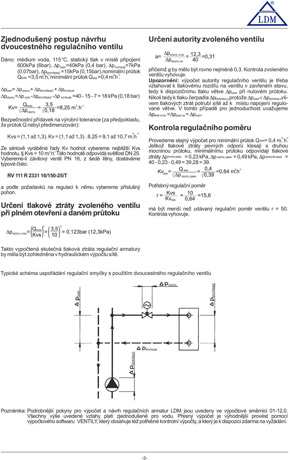 minimální průtk Q =0,4 m.h. Δp = Δp + Δp + Δp Δp = Δp -Δp -Δp =40-15 - 7 = 18 kpa (0,18 bar) Bezpečnstní přídavek na výrbní tlerance (za předpkladu, že průtk Q nebyl předimenzván): Kvs = (1,1 až 1,3).