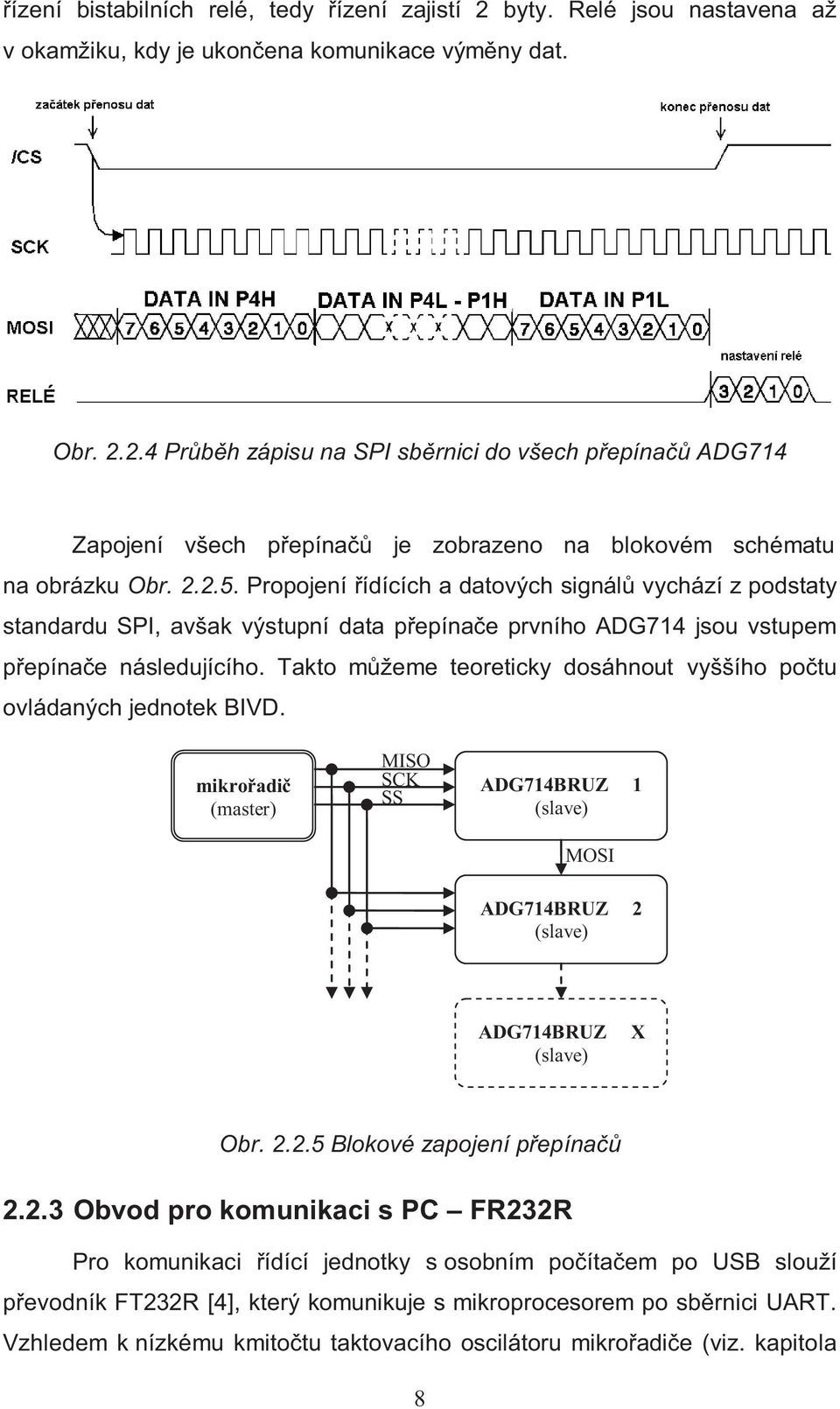 Takto můžeme teoreticky dosáhnout vyššího počtu ovládaných jednotek BIVD. mikrořadič (master) MISO SCK SS ADG714BRUZ 1 (slave) MOSI ADG714BRUZ 2 (slave) ADG714BRUZ (slave) X Obr. 2.2.5 Blokové zapojení přepínačů 2.