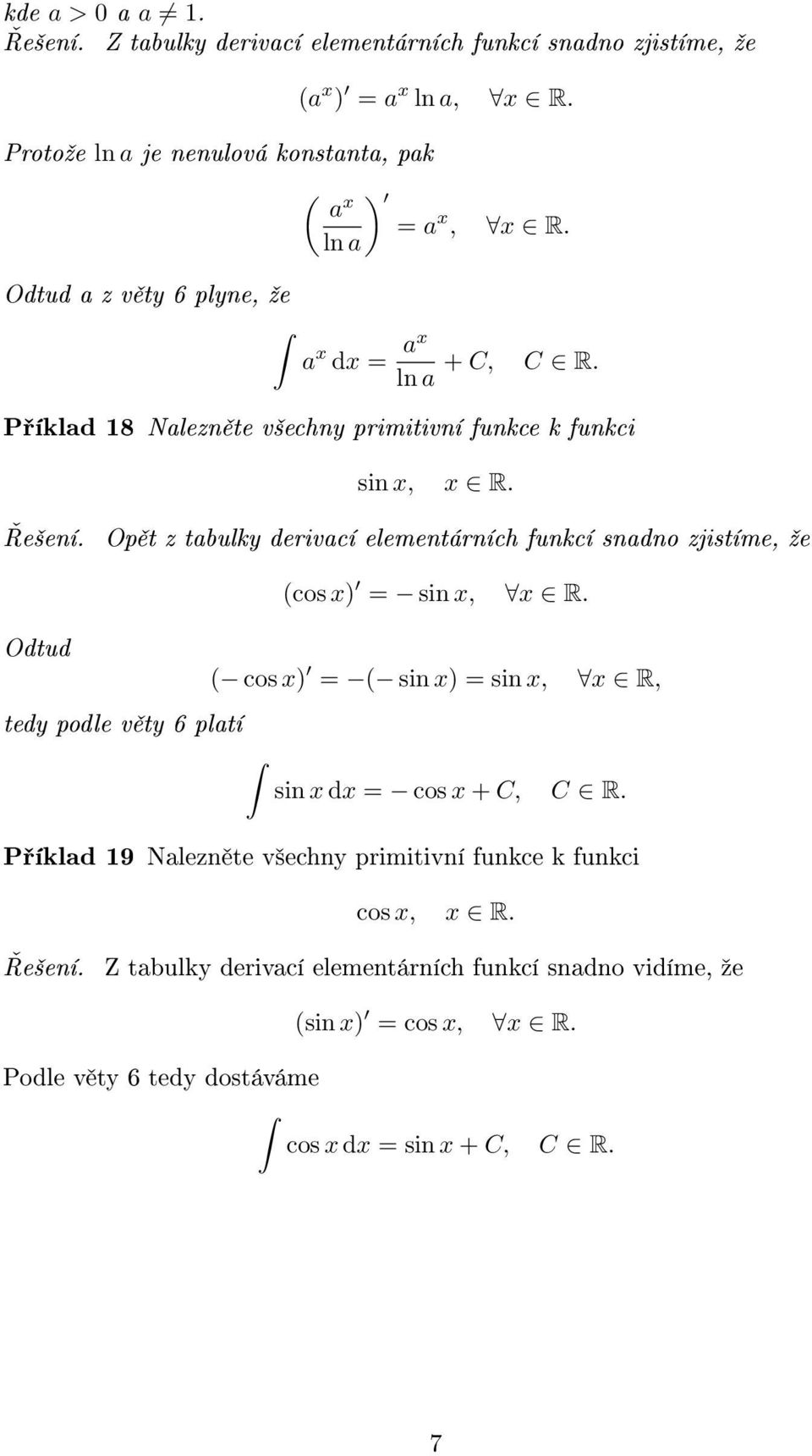 Op t z tabulky derivací elementárních funkcí snadno zjistíme, ºe Odtud tedy podle v ty 6 platí (cos ) sin, R. ( cos ) ( sin ) sin, R, sin d cos + C, C R.