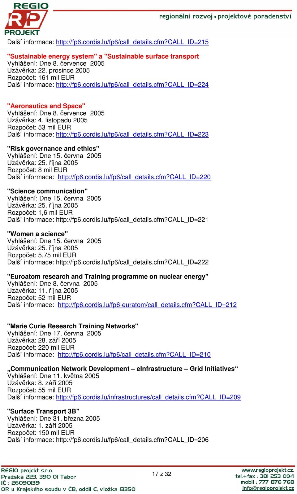 listopadu 2005 Rozpočet: 53 mil EUR Další informace: http://fp6.cordis.lu/fp6/call_details.cfm?call_id=223 "Risk governance and ethics" Vyhlášení: Dne 15. června 2005 Uzávěrka: 25.