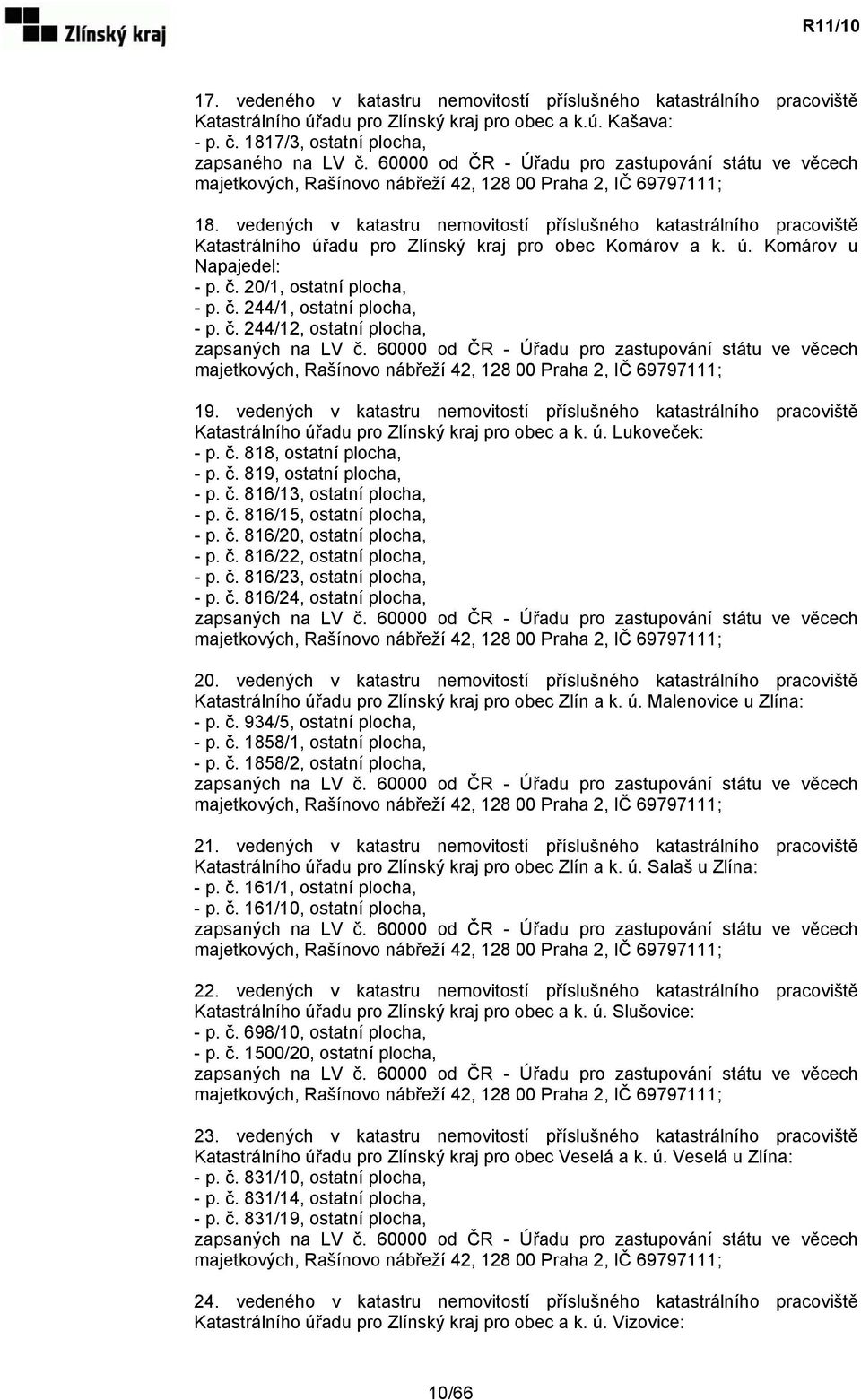 č. 20/1, ostatní plocha, - p. č. 244/1, ostatní plocha, - p. č. 244/12, ostatní plocha, zapsaných na LV č. 60000 od ČR - Úřadu pro zastupování státu ve věcech 19.