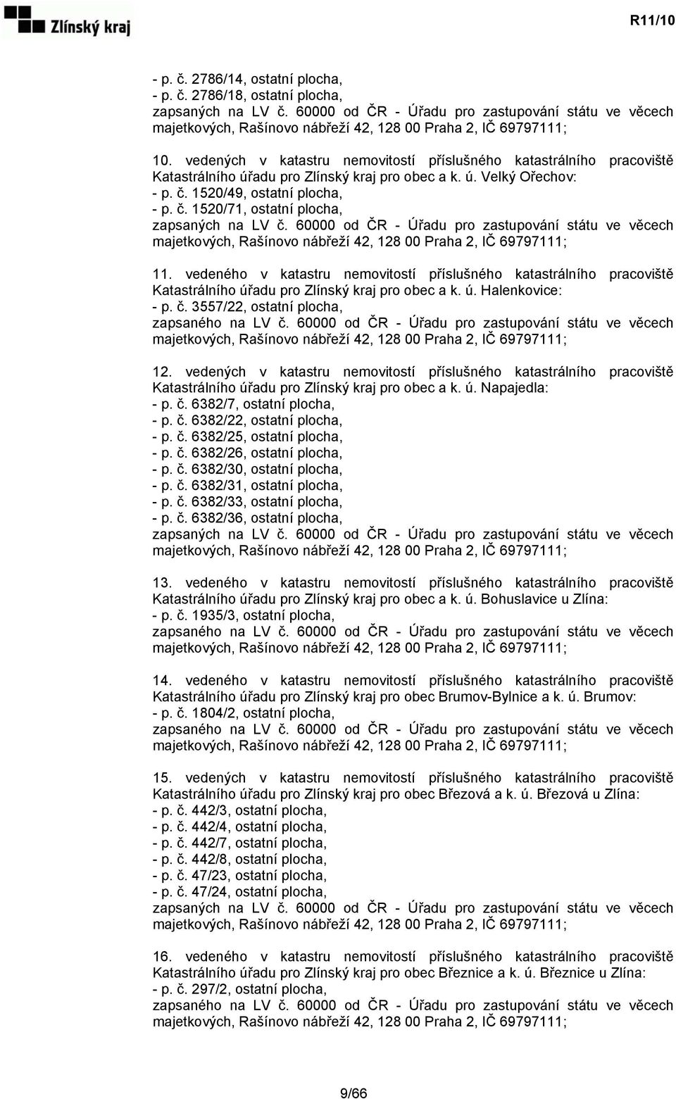 60000 od ČR - Úřadu pro zastupování státu ve věcech 11. vedeného v katastru nemovitostí příslušného katastrálního pracoviště Katastrálního úřadu pro Zlínský kraj pro obec a k. ú. Halenkovice: - p. č.