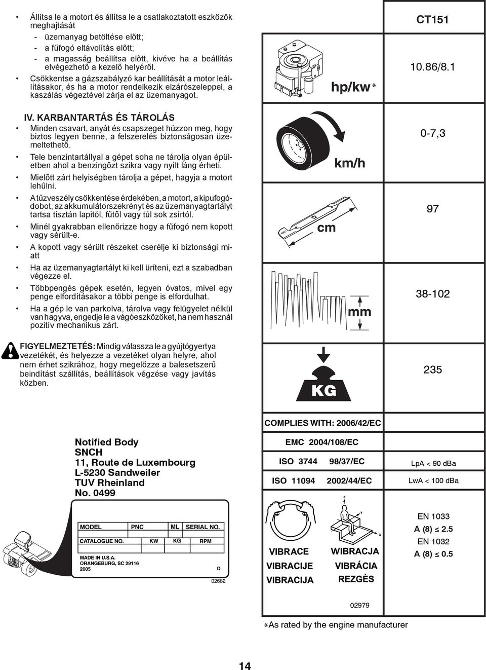 KARBANTARTÁS ÉS TÁROLÁS Minden csavart, anyát és csapszeget húzzon meg, hogy biztos legyen benne, a felszerelés biztonságosan üzemeltethetõ.